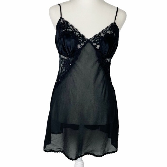 Victoria's Secret Other - Vintage Y2K Victoria’s Secret Silk Mini Slip Dress Sheer Lace Size M Black